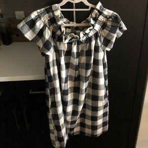 Gingham/buffalo check off the shoulder dress